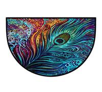 Vibrant Colorful Peacock Feather Half Round Door Mat Indoor Entrance,Bird Feathers Non Slip Absorbent Doormats,30x18 Inch Wear Resistant Semi Circle Floor Mats Area Rugs for Kitchen Patio Home Decor
