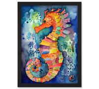 Vibrant Colour Pattern Seahorse Folk Art Artwork Framed Wall Art Print A4 Artery8 Black One Size