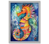 Vibrant Colour Pattern Seahorse Folk Art Artwork Framed Wall Art Print A4 Artery8 Light Grey One Size