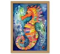 Vibrant Colour Pattern Seahorse Folk Art Artwork Framed Wall Art Print A4 Artery8 Light Oak One Size
