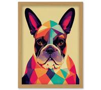 Vibrant Colourful Geometric French Bulldog Portrait Design Artwork Framed Wall Art Print A4 Artery8 Light Oak One Size