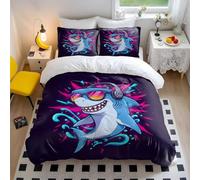 Vibrant Cool Shark Printed Duvet Cover Set, Summer Cartoon Style Kids Bedding, 3D Effect, Suitable for Boys and Girls (03,Single + 80 x 80cm x2)