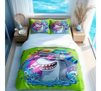 Vibrant Cool Shark Printed Duvet Cover Set, Summer Cartoon Style Kids Bedding, 3D Effect, Suitable for Boys and Girls (02,King + 80 x 80cm x2)