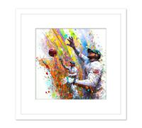 Vibrant Cricket Fielders Sports Ball Oil Splatter Painting Square Wooden Framed Wall Art Print Picture 8X8 Inch Artery8 White One Size