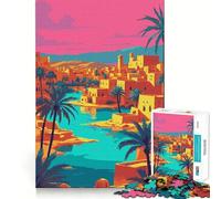 Vibrant Desert Oasis Cityscape Illustration 1000-piece Jigsaw Puzzles Brain Focus Game Expert Cutting Craftsmanship Fascinating Hobby for Idle Moments (38x26cm)