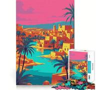 Vibrant Desert Oasis Cityscape Illustration 1000-piece Jigsaw Puzzles Brain Focus Game Expert Cutting Craftsmanship Fascinating Hobby for Idle Moments (38x52cm)