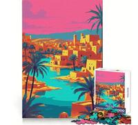 Vibrant Desert Oasis Cityscape Illustration Jigsaw Puzzle 1000 Piece for Adults Intellectual Fun Relaxing Pastime Sharp Cut (38x26cm)