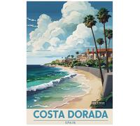 Vibrant Digital Illustration of Costa Dorada Beach Scene - Retro Europe Travel Poster A4 Size Vintage Wall Art Print of Famous European Destinations Ideal for Home or Office Decor