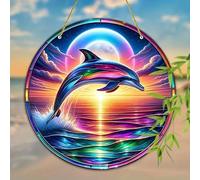 Vibrant Dolphin Sunrise Acrylic Stained Windows Hanging Suncatcher,Flower Stained Acrylic Suncatchers Window Ornament Stained Glass Panel Sun Catcher Wall Hanging Decor Birthday Gifts