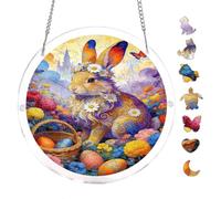 Vibrant Easter Bunny Floral Scene 7.8x7.8Inch Round Acrylic Hanging Puzzle | Creative Home Accent with Visual Appeal