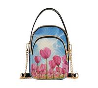 Vibrant Field Pink Tulips Blue Sky One Shoulder Handbags Cell Phone Wallet Chain Purse Floral Print Ladies Tote Crossbody Satchel, 5.9" × 8.3" × 3.1"