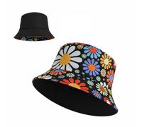 Vibrant Floral Daisy & Solid Black Reversible Bucket Hat - Two-Style Foldable Wide Brim Sun Hat for Women, Beach, Summer, Outdoor, Travel, Camping, Picnic, Shopping, Spring, Holiday