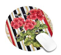 Vibrant Floral Heart Mouse Pad, Red Geraniums with Bees, Spring Garden Style, Ideal for Home and Office Use, Non-Slip Mousepad Round 8x8 Inch