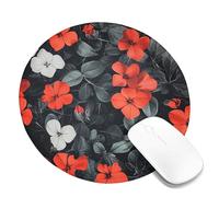 Vibrant Floral Rectangle Desk Mouse Pad, Red Orange Hibiscus Flowers Stitched Edge Mousepad, Rubber Non-Slip Washable Gaming Mouse Pad for Home and Office Computer, Laptop Round 8x8 Inch