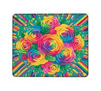 Vibrant Floral Square Desk Mouse Pad, Colorful Rainbow Roses Stitched Edge Mousemat, Rubber Non-Slip Washable Gaming Mousepad for Home and Office Computer, Laptop Square 8x10 Inch