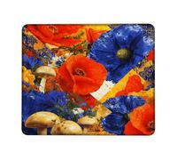 Vibrant Floral Square Desk Mouse Pad, Red Blue Poppies & Mushrooms Design, Rubber Non-Slip Washable Gaming Mousepad for Home and Office Computer, Laptop Square 8x10 Inch