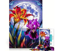 Vibrant Floral Stained Glass Moonlit Scene Jigsaw Puzzle 1000 Think Boost Game Tight Lock No Loose Pieces Interactive Brain Challenge for Home (50x75cm)