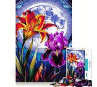 Vibrant Floral Stained Glass Moonlit Scene Jigsaw Puzzles 1000 Cognitive Skill Toy Smooth Burr Free Surface Relaxing Indoor Group Activity (38x26cm)