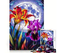 Vibrant Floral Stained Glass Moonlit Scene Jigsaw Puzzles for Adults1000 Pieces Mental Exercise Tranquil Escape Snug Lock Nice Gift (38x52cm)