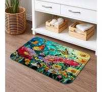 Vibrant Flower Mosaic Quick Dry Bath Mat, Colorful Butterfly Absorbent Non Slip Shower Mat, Spring Decorative Flannel Washable Bath Rugs 16x24 Inch