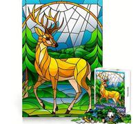 Vibrant Forest Deer in Stained Glass Art Jigsaw Puzzle for Teenagers 1000 Pieces Thought Training Soft Distraction Uniform Cut Holiday Present (38x26cm)