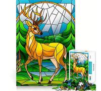 Vibrant Forest Deer in Stained Glass Art Jigsaw Puzzle1000 Pieces Mind Train Fun Clean Cut Sturdy Components Captivating Leisure for Cozy Indoors (38x52cm)