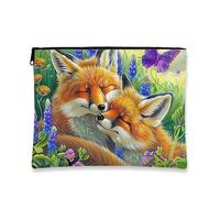 Vibrant Foxes Makeup Bag, Colorful Floral Cosmetic Travel Pouch for Women, Portable Small Canvas Zipper Organizer, Spring Gift Toiletry Bag, Orange, 7x9 Inch, Foxes