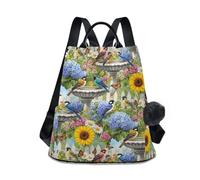 Vibrant Garden Scene Colorful Birds Backpack, Fashion Backpack with Anti Theft Back Zip, Multiple Pockets and Pom Pom