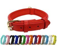 Vibrant Genuine Leather Adjustable Dog Collar with Soft Neoprene Padding, Metal Buckle and D-Ring, For Small, Medium & Large Dogs (Red, Medium (28-36cm Neck))