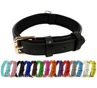 Vibrant Genuine Leather Adjustable Dog Collar with Soft Neoprene Padding, Metal Buckle and D-Ring, For Small, Medium & Large Dogs (Black, Large (35-45cm Neck))