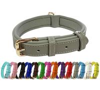 Vibrant Genuine Leather Adjustable Dog Collar with Soft Neoprene Padding, Metal Buckle and D-Ring, For Small, Medium & Large Dogs (Silver, Large (35-45cm Neck))
