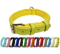Vibrant Genuine Leather Adjustable Dog Collar with Soft Neoprene Padding, Metal Buckle and D-Ring, For Small, Medium & Large Dogs (Yellow, X-Large (45-55cm Neck))