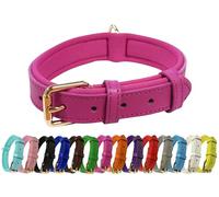 Vibrant Genuine Leather Adjustable Dog Collar with Soft Neoprene Padding, Metal Buckle and D-Ring, For Small, Medium & Large Dogs (Hot Pink, Medium (28-36cm Neck))