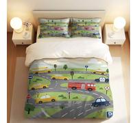 Vibrant Geometric Vector Emergency Vehicles Duvet Cover Set, Cartoon Children's Bedding, Fire Truck, Ambulance, Helicopter, Soft & Breathable 3pcs (04,King + 50 x 75cm x2)