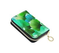 Vibrant Ginkgo Leaves Green Teal Wallets for Women Zip Around RFID Blocking Credit Card Wallets Waterproof Zipper Coin Purse with Key Ring