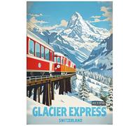 Vibrant Glacier Express Illustration Set In Swiss Alpine Landscape - Retro Europe Travel Poster A4 Size Vintage Wall Art Print of Famous European Destinations Ideal for Home or Office Decor