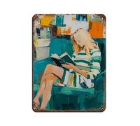 Vibrant Green Blue Abstract Woman Reading Book Painting Retro Poster Metal Tin Sign Chic Art Retro Iron Painting Bar People Cave Cafe Family Garage Poster Wall Decoration 12x16inch(30x40cm)