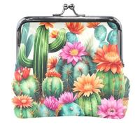 Vibrant Green Cacti Succulents Floral Leather Coin Pouch for Women Cute Buckle Kiss Lock Coin Card Change Wallet, Vibrant Green Cacti Succulents Floral, Classic
