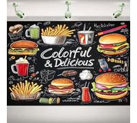 Vibrant Hand-Painted Burger Fries Photography Backdrop Black Wall Fast Food Restaurant Kids Cooking Theme Birthday Party Banner (7X5FT)