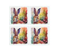 Vibrant Hare Coaster Set - Watercolour Animal Gift - Square Glass Set of Four (4) Coasters