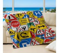 Vibrant High Saturation Traffic Sign Printed Flannel Blanket, Cozy Collage Style Plush Throw Blanket for Urban Life Bedding (03,75x100cm)