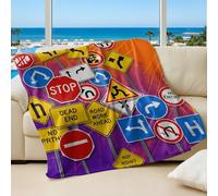 Vibrant High Saturation Traffic Sign Printed Flannel Blanket, Cozy Collage Style Plush Throw Blanket for Urban Life Bedding (02,180x200cm)