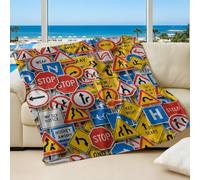 Vibrant High Saturation Traffic Sign Printed Flannel Blanket, Cozy Collage Style Plush Throw Blanket for Urban Life Bedding (04,100x150cm)