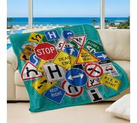 Vibrant High Saturation Traffic Sign Printed Flannel Blanket, Cozy Collage Style Plush Throw Blanket for Urban Life Bedding (05,75x100cm)
