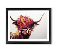 Vibrant Highland Cow Abstract WHT Framed Print | A2 Black Framed Wall Art | Ready to Hang | Abstract Animal Picture | Living Room Bedroom Lounge Office