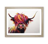 Vibrant Highland Cow Abstract WHT Framed Print | A2 Oak Framed Wall Art | Ready to Hang | Abstract Animal Picture | Living Room Bedroom Lounge Office