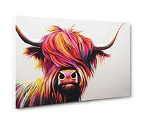 Vibrant Highland Cow Canvas Print | Gallery Wrapped 30mm Frame Wall Art | 30x20 inches | Ready to Hang | Abstract Animals Picture | Living Room Bedroom Lounge Office