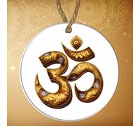 Vibrant Hindu Ganesha & Om Symbol Small Round Decorative Bauble Hanging Plaque - Ideal Diwali Decor for Family, Friends Teachers & Devotees (Gold Om Symbol, Acrylic - White Background)