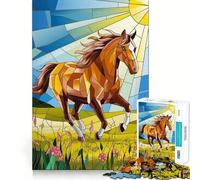 Vibrant Horse in Stained Glass Art 1000 Piece Jigsaw Puzzles Mind Challenge Toy High Precision Die Cut Amusing Challenge for Waiting Time (38x26cm)