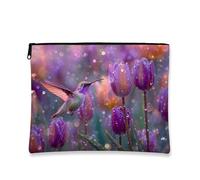 Vibrant Hummingbird Makeup Bag, Colorful Floral Travel Cosmetic Pouch for Women, Portable Small Canvas Zipper Organizer, Everyday Gift Toiletry Bag, Spring Festival Accessory, Violet, 7x9 Inch